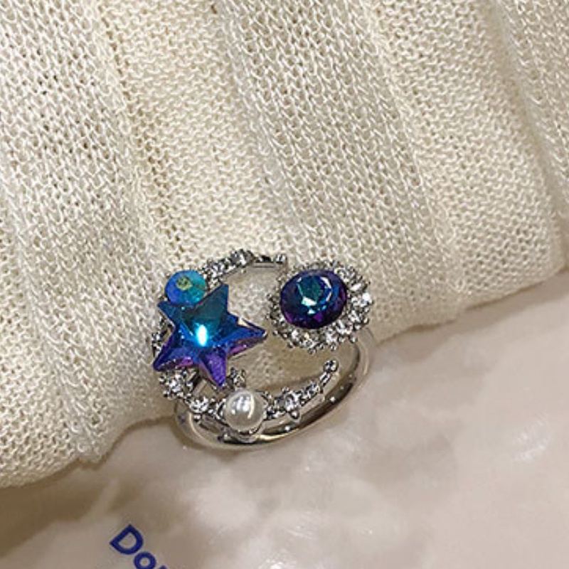 Retro Bulan Bintang Warna Perak Cincin Berlian Imitasi Mutiara Logam Rings Desain Terbuka Cincin Yang Dapat Disesuaikan Pacar Pasangan Rings Wanita Aksesoris Fashion