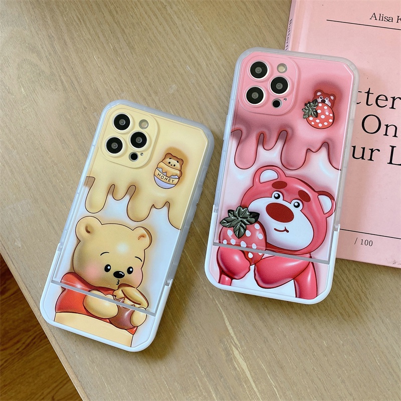 IPHONE Malan Flip Stand 2-in-1 Winnie Bear Dan Strawberry Bear Untuk Capita Iphone11 12 13 14 Pro Max7 8 Plus x xr xs max TPU Shockproof Case Cover