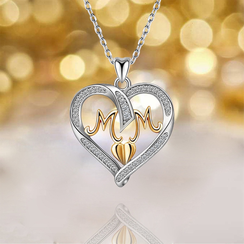 Fashion Surat Ibu Bentuk Hati Hias Kristal Liontin Kalung Hadiah Hari Ibu Perhiasan Berkualitas Tinggi