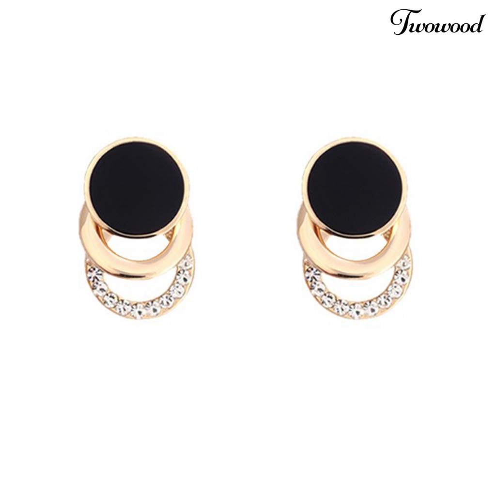 Twowood 1pasang Ear Studs Multi-layer 3cincin Bulat Lingkaran Hitam Hadiah Fashion Perhiasan Berlian Imitasi Berkilau Wanita Anting Untuk Harian