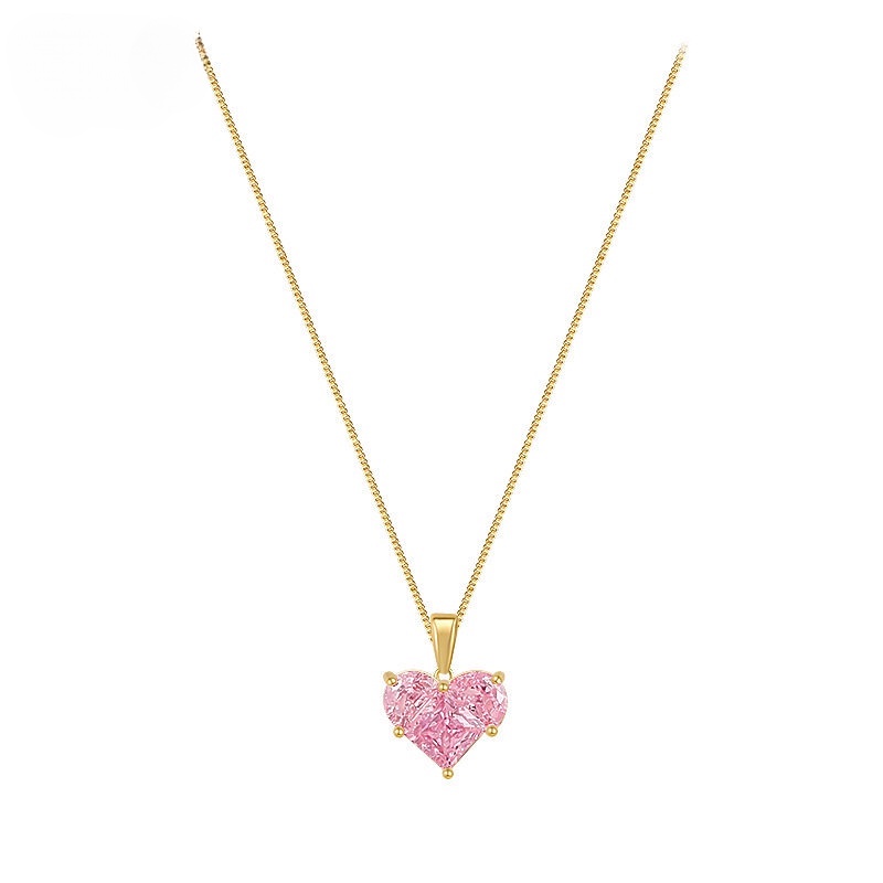 Sweet Pink Heart Pendant Necklace Untuk Wanita Sederhana Kristal Rantai Perak Choker Aksesoris Perhiasan