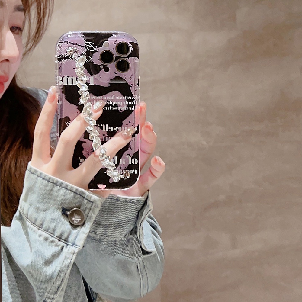 IPHONE Wanita Ungu Warna Campur Doodle Manik-Manik Berlian Imitasi Anti Hilang Rantai Ponsel Case Shockproof Soft Cover Untuk Iphone11 12 13 14 PLUS PRO MAX