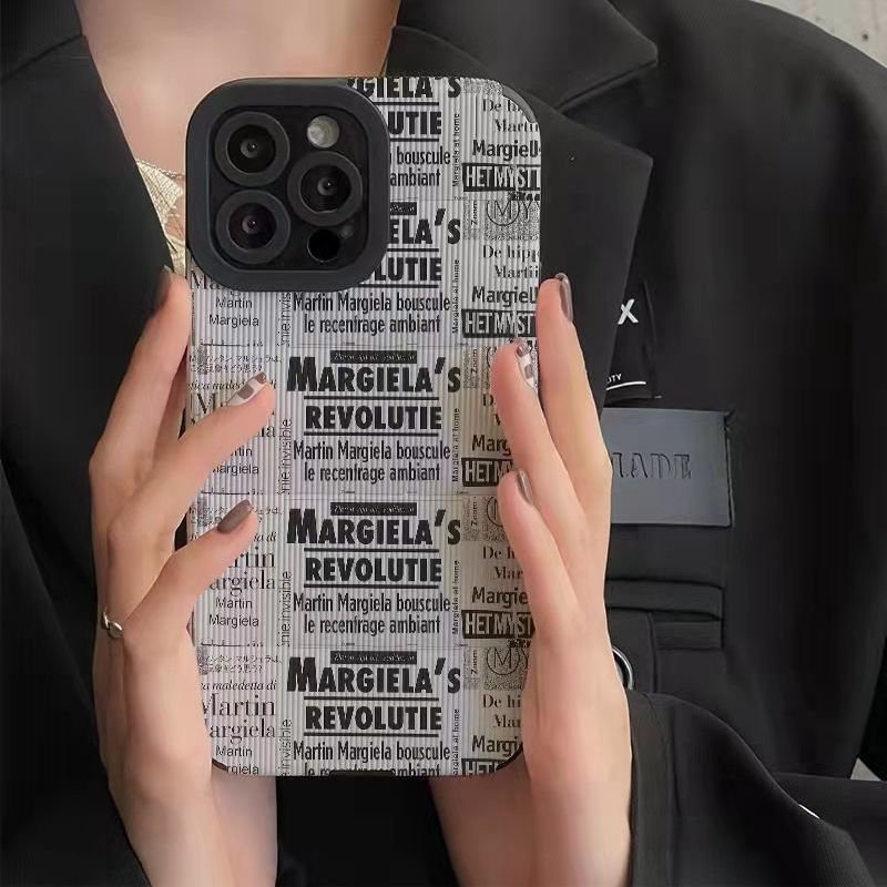 【Lamb Skin】Grey English Newspaper Poster Soft Case for IPhone 6S 7 Plus 8 Plus X XS XR XS Max 11 13 12 14 PRO Max 14 Plus 12 13 Mini Camera Protect Women's Fashion