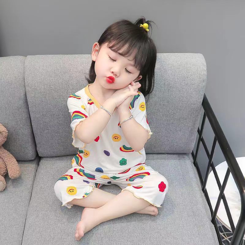 SHOEGALLERY TG1683 Set Pakaian Rumah Anak Perempuan  Motif Rainbow Import Baju Tidur Lengan Pendek