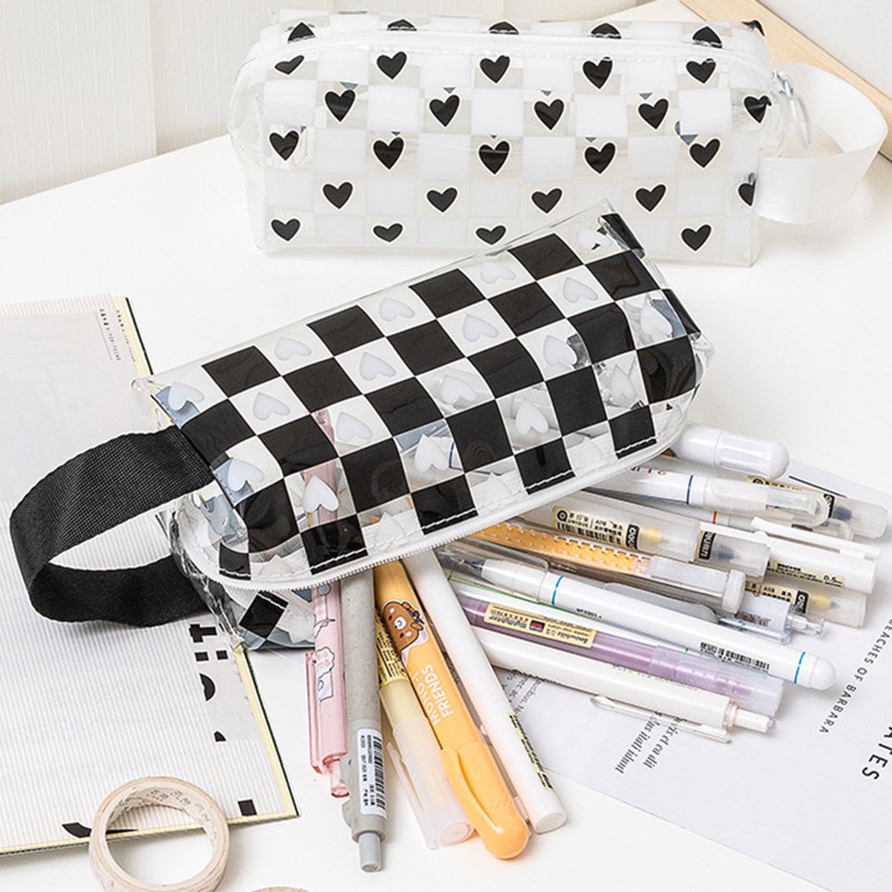 Tas Pensil Transparan PVC Summer Chic Clear Grid Dengan Kapasitas Besar Hitam Putih Checkerboard