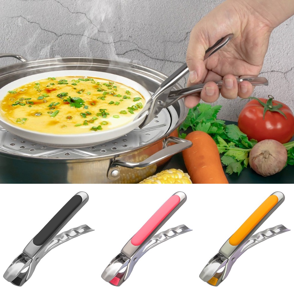 ღ Stainless Steel Anti-Scald Gripper Anti Panas Mangkuk Klip Non-Slip Pot Pan Pemegang Mangkuk Piring hidangan Pot Aksesoris Dapur Silikon Menangani Alat Berkemah