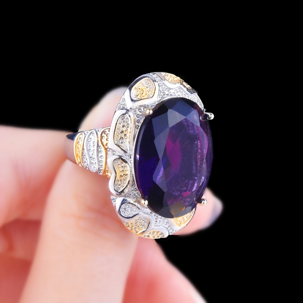 Goldkingdom Aksesoris Perhiasan Fashion Ready Stock Italy Dua Warna Kerajinan Emas Asli Kadar 375 Tangan Hias Imitasi Berlian Ungu Alami Cincin Anyaman Ukir Emas Asli Kadar 375 Pembukaan Cincin Warna-Warni.