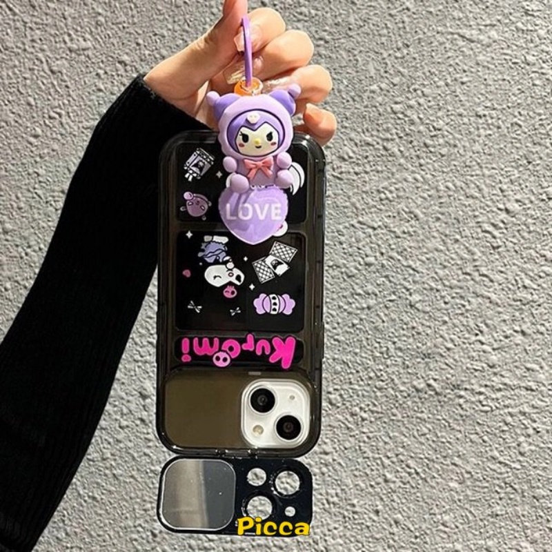 IPHONE Kreatif Flip Make Up Cermin Kartun Indah Kuromi Silicon Phone Case Kompatibel Untuk Iphone11Xr 12 13 14 Pro MAX 7 8 14 Plus X XS MAX SE Lucu Lembut TPU Shockproof Case