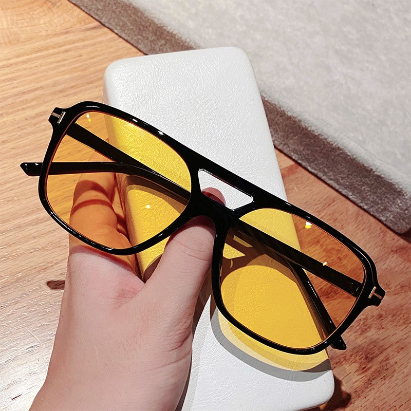 (YUZHU) Retro Mode Warna-Warni T-shaped Double Beam Square Frame Sunglasses Western Fashion Kerai Kacamata Hitam Perempuan