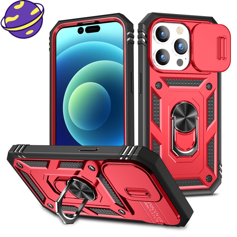 IPHONE 3 &amp;1 Hard PC+TPU Full Cover Untuk Iphone14 13 12 11 Pro X XS Max 14 8 7 6 Plus XR 360° Bracket Push Window Lensa Casing Belakang