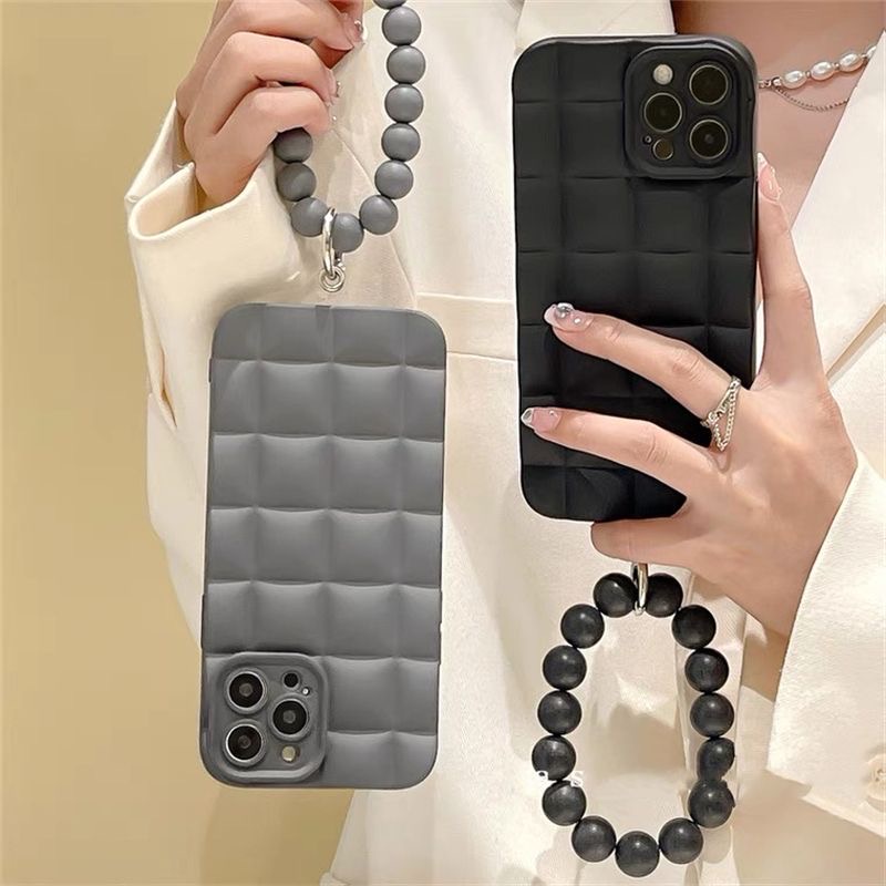 Casing Ponsel Lembut Motif Kotak-Kotak 3D Untuk iPhone 14 Pro Max13 12 11 Pro Max Xs Max Xr X Xs 7Plus 8Plus 6 6P Gelang Dengan Manik-Manik Casing Penutup Belakang