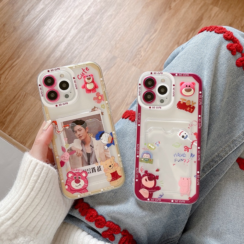 IPHONE Casing Pelindung Desain Lengan Kartu Beruang Kartun strawberry Untuk Iphone14 13 12 Pro Max11 X XR XS Max7 8 Plus