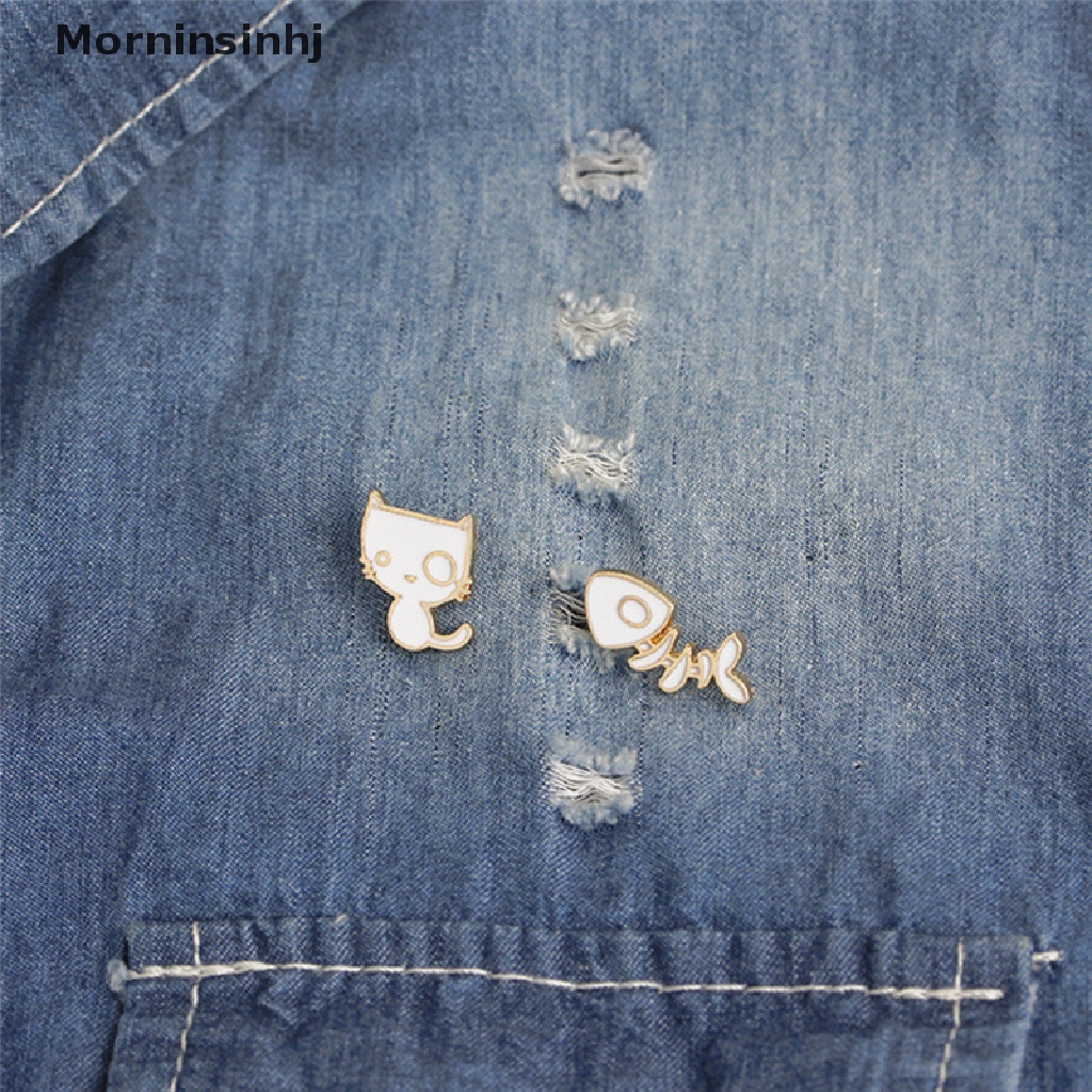 Mornin 2 Pcs/Set Lucu Kucing Tulang Ikan Bros Pin DIY Denim Jaket Pin Lencana Perhiasan Hadiah id