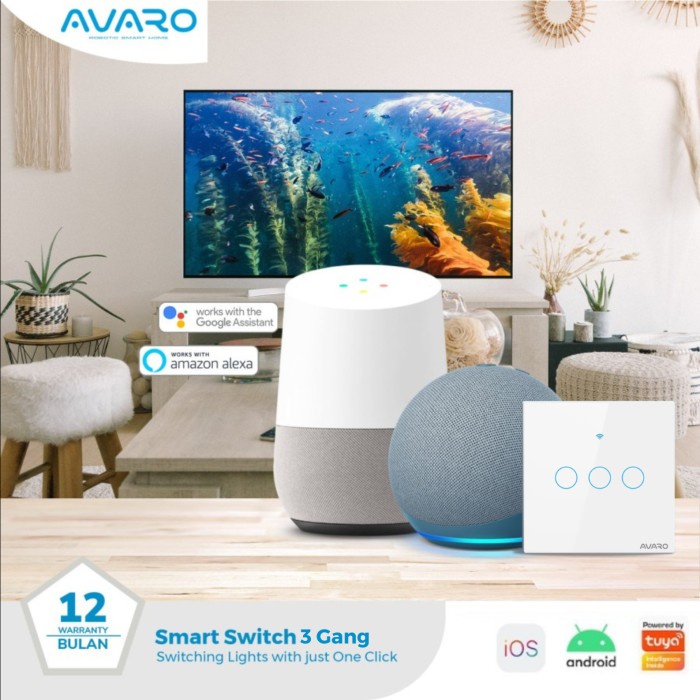 AVARO Smart Wall Switch WIFI Touch Saklar Lampu - EU 3 Gang White