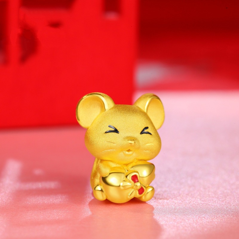 Goldkingdom Aksesoris Perhiasan Fashion Ready Stock Lao Placer Gold Lapis Emas Asli Kadar 375 Gold Transport Beads Rat Wish Series Natal Zodiak Tikus Genus Fase Drop Gum Panggang Manik-Manik Warna