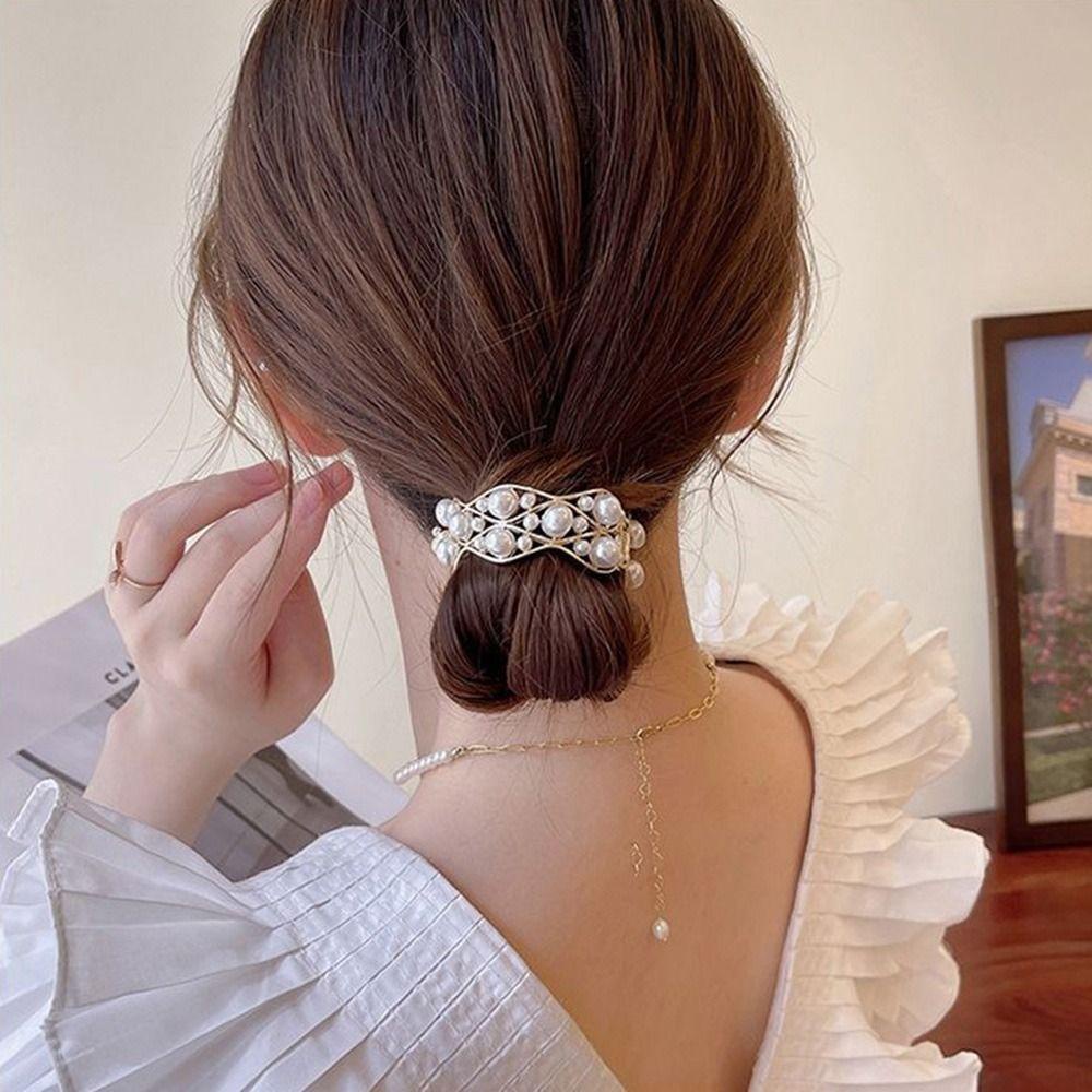 NEEDWAY Needway Ponytail Hair Clip Lucu Kreatif Elegan Mutiara Bakso Kepala Berlian Ponytail Holder Tinggi Ponytail Fixed Clip Untuk Wanita Hair Bun Fixed Clip