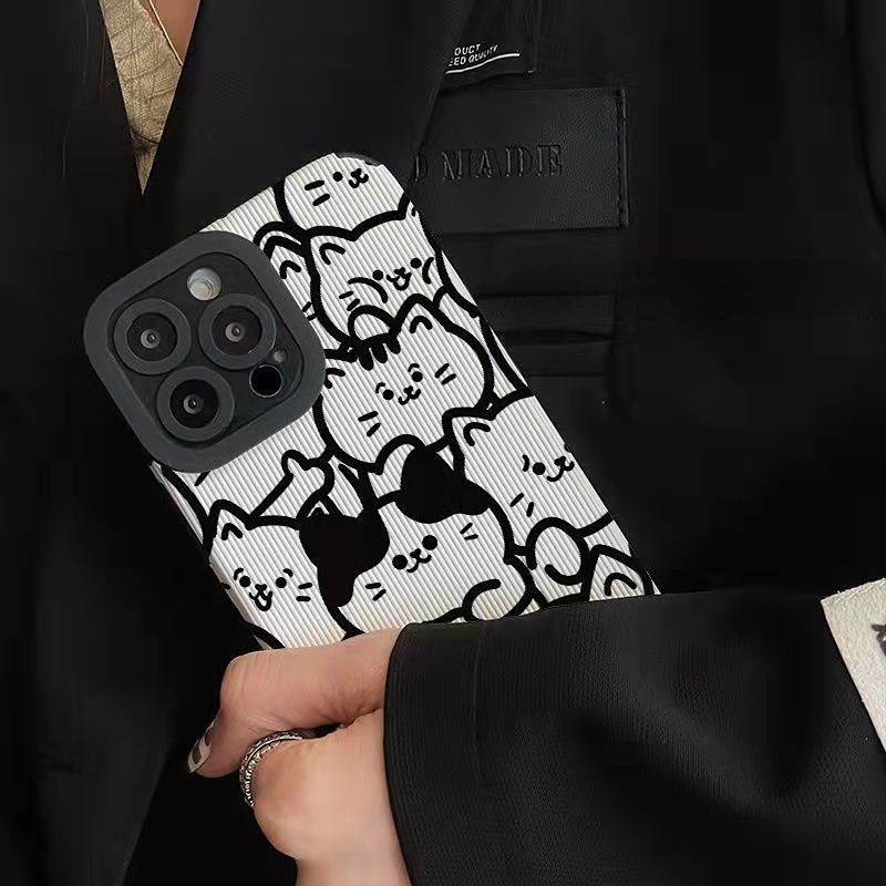 【Lamb Skin】Vertical Grain Soft Case for IPhone 6S 7 Plus 8 Plus X XS XR XS Max 11 13 12 14 PRO Max 14 Plus 13 12 Mini Cute Black and White Line Cat Cartoon