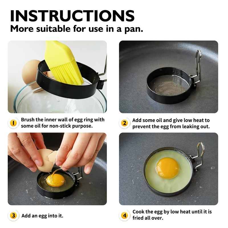 Cetakan Telur Dadar, Stainless Steel Cetakan Telur Dadar Bulat Anti Lengket dengan Lengan Silikon Memasak Alat Penggorengan Panekuk Peralatan Dapur