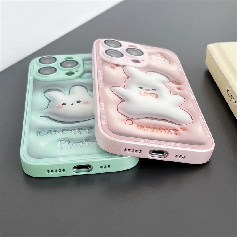 Kelinci Lucu Dengan Lensa Kaca Film Ponsel Case Untuk iPhone 14 Pro Max13 12 11 Pro Max Keras Perasaan Tiga Dimensi Glass Case Penutup Belakang