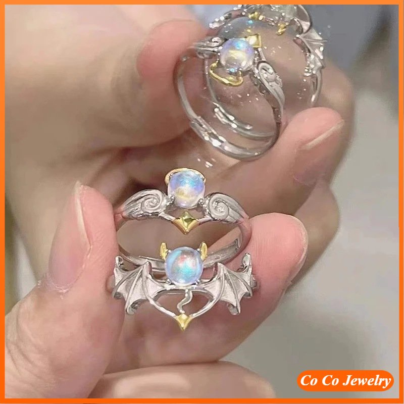 S925 Perak Wanita Vintage Bulan Batu Malaikat Setan Cincin Hadiah