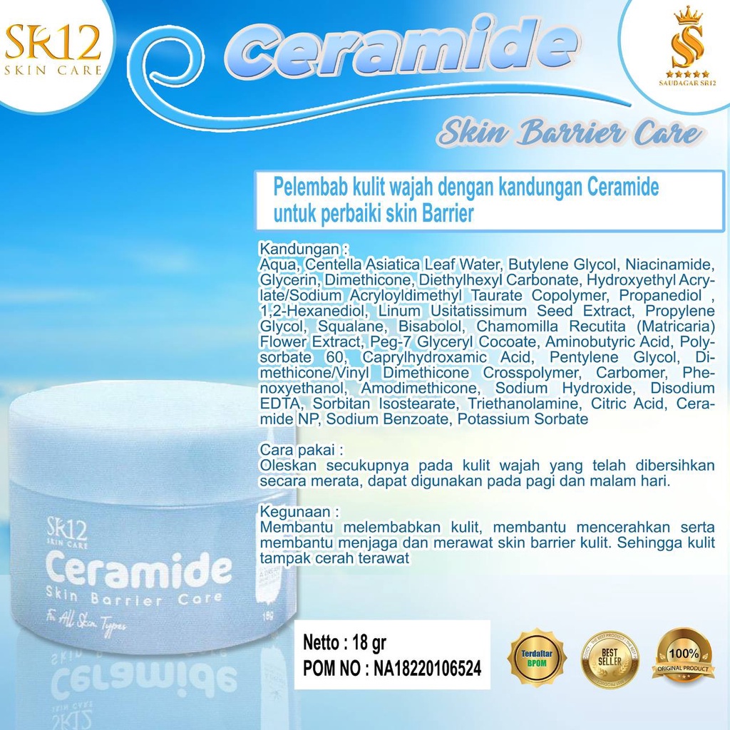 CERAMIDE SKIN BARRIER CARE SR12 / 7X CERAMIDE / MOISTURIZER CREAM / PELEMBAB WAJAH / PERBAIKAN KULIT WAJAH EFEK BURUK SKINCARE