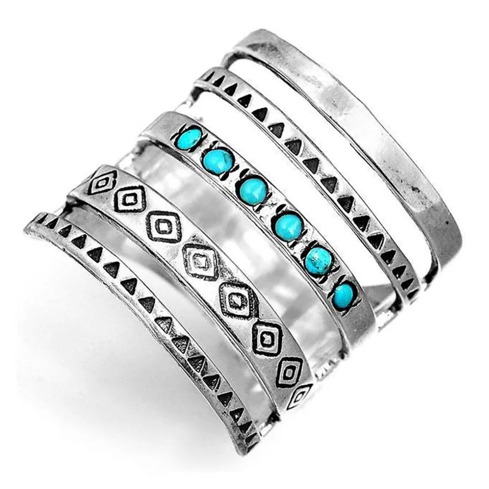 Gaya Bohemian Kerawang Vintage Turquoise Cincin Antik Ukir Geometris Jari Cincin Bersama Modis Perempuan Aksesoris Pesta