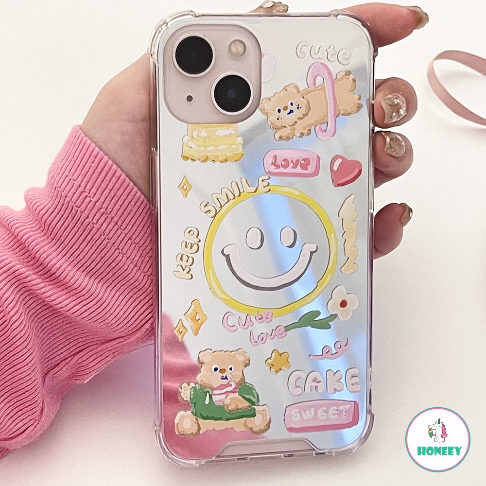 Casing Ponsel Cermin Smiley Beruang Lucu Gaya Korea Kompatibel Untuk IPhone 14 Pro Max12 13 Pro Max11 Lembut Anti-Drop Phone Back Cover