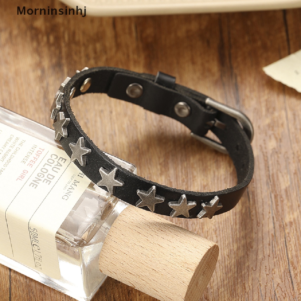 Mornin Punk Vintage Sabuk Gesper Gelang Lilit Paku Bintang Rivet Gelang Kulit Cuff Bracelet id