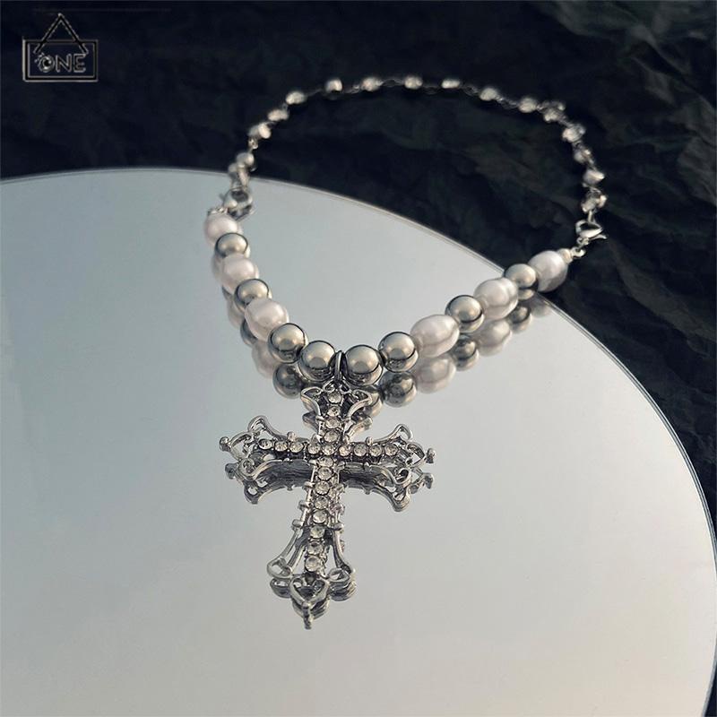 COD❤️Kalung Alloy Vintage Pearl Cross Pendant Punk Sweter Serbaguna Wanita-A.one