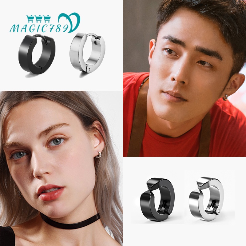 Magic789 1 Pc Keren Perak Hitam Stainless Steel Hoop Earrings Untuk Pria Wanita Punk Cuff Earring Kepribadian Telinga Aksesoris Harian