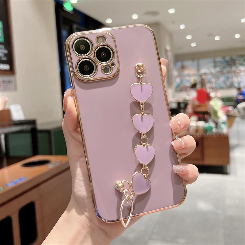 IPHONE Luxury Plating Love Heart Plating Gelang Rantai Phone Case Untuk Iphone11 12 13 14 Pro Max X XR XS Love Heart Frame On7 8 Plus Strap Cover