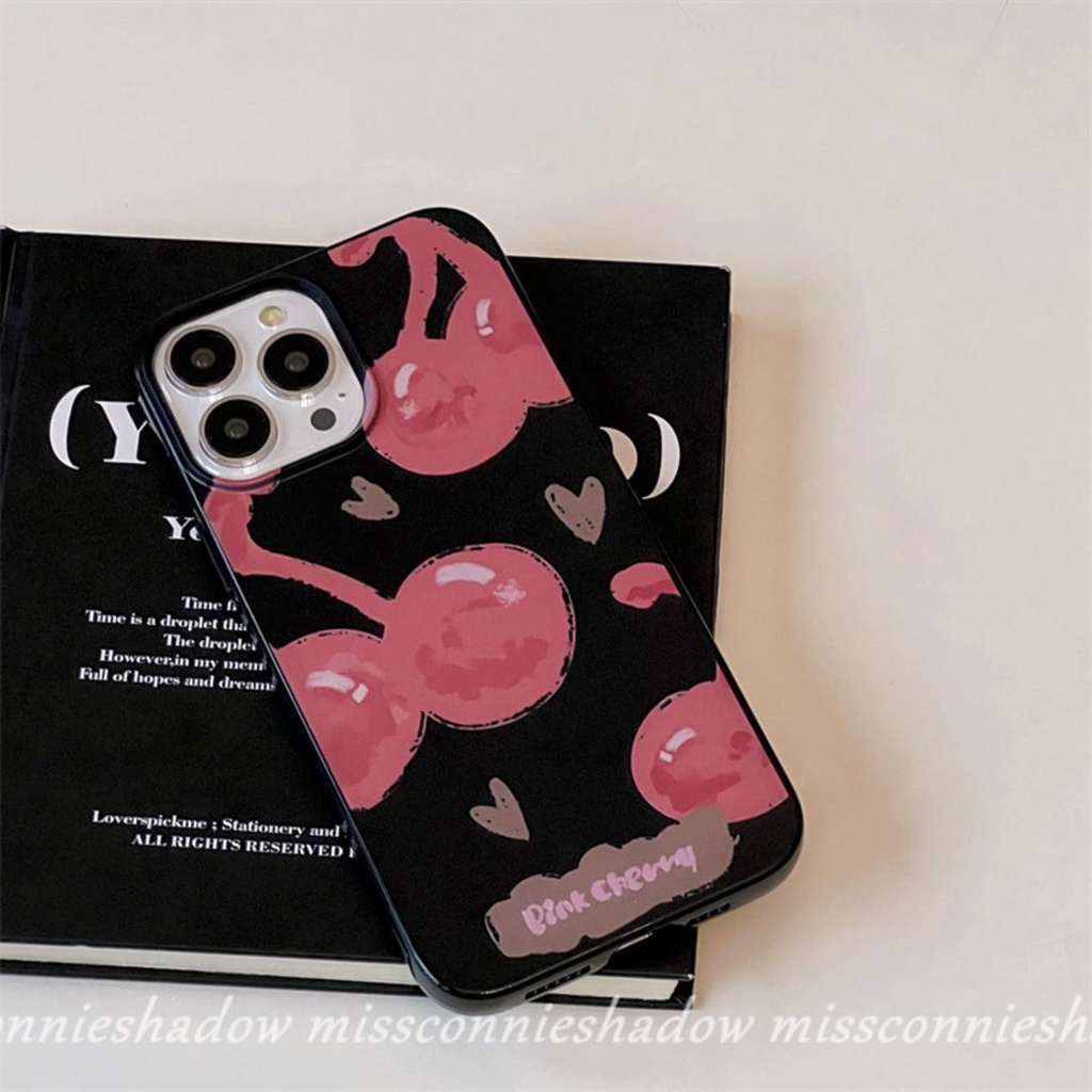 IPHONE Casing Ponsel Kartun Pink Cherry Kompatibel Untuk Iphone11 13 14 12 Pro Max XR X XS Max 7 8 Plus SE 2020 7 Plus Halus Lucu Love Heart Smiley Shockproof Glossy Cool Black Soft Cover