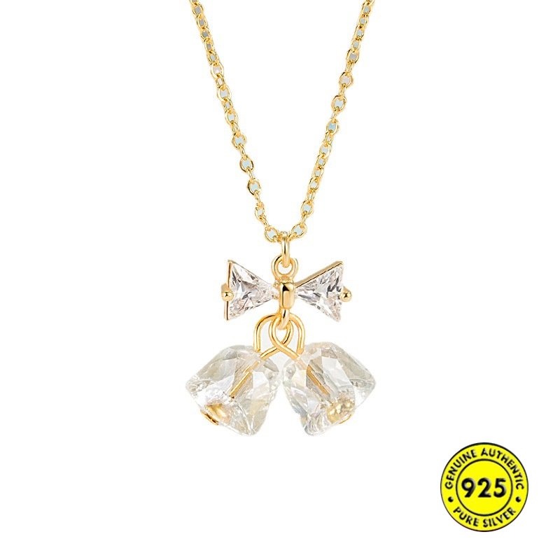 S925 Perak Kristal Busur Bell Kalung Manis Elegance Pendant U1591