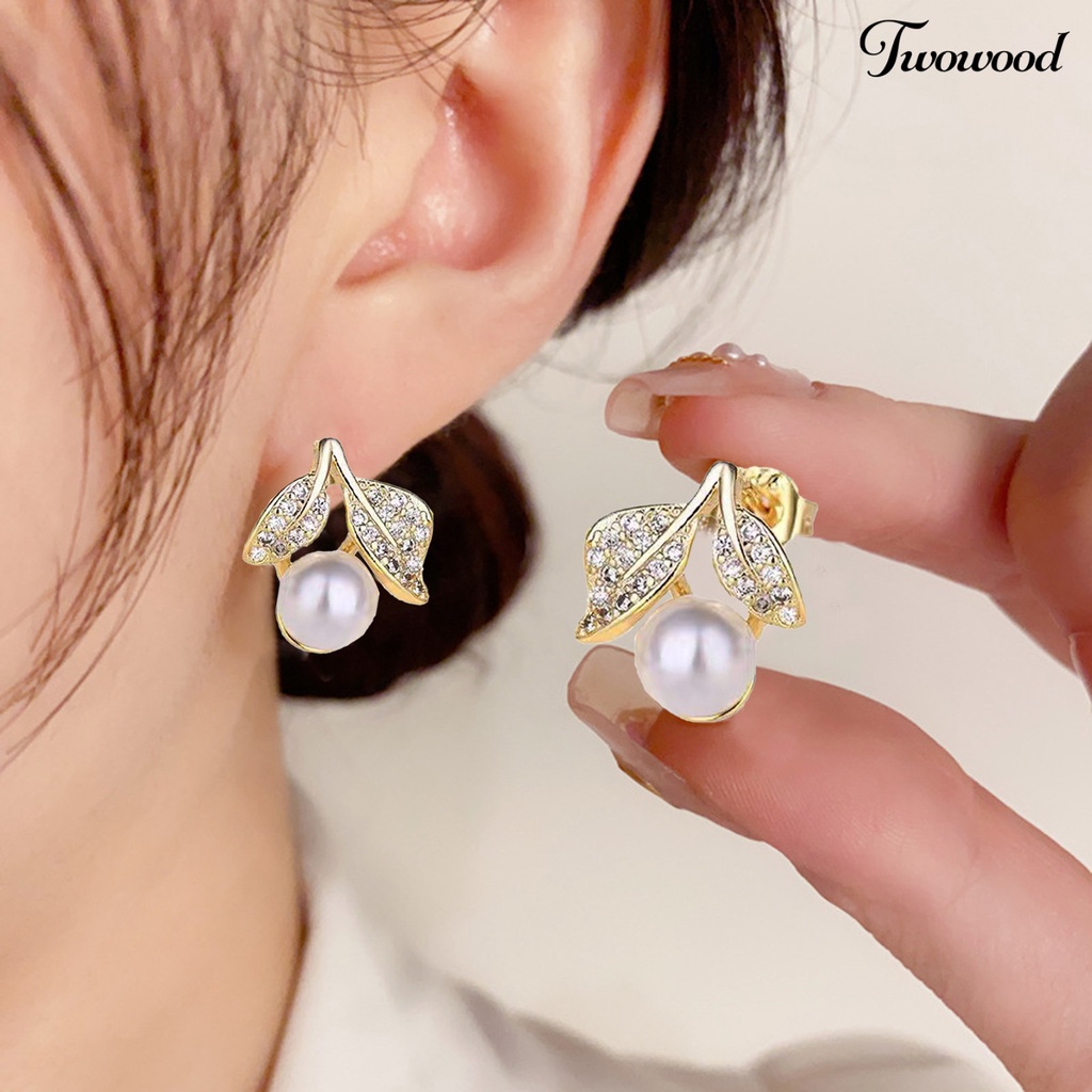 Twowood 1pasang Ear Studs Dainty Elegan Bling Berlian Imitasi Golden High Gloss Faux Pearl Leaves Women Earrings Perhiasan Aksesoris