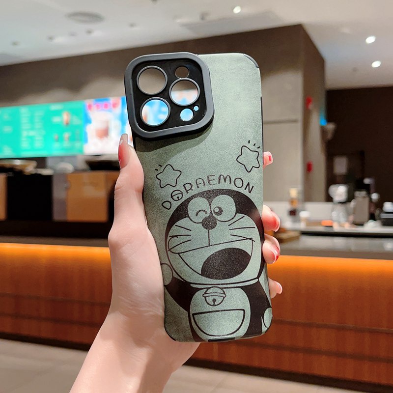 Green Leather Soft Case for IPhone 7 Plus 8 Plus X XS XR XS Max 11 13 12 14 PRO Max 14 Plus SE 2020 2022 Cute Star Green Cute Doraemon Cat