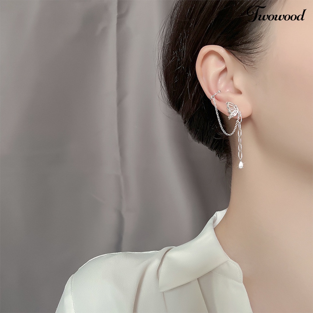 Twowood 1Pc Drop Earring Peri Temperamen One-piece Asimetris Gantung Rantai Dekorasi Gaya Korea Tulang Rawan Palsu Panjang Rumbai Telinga Manset Aksesoris Pakaian