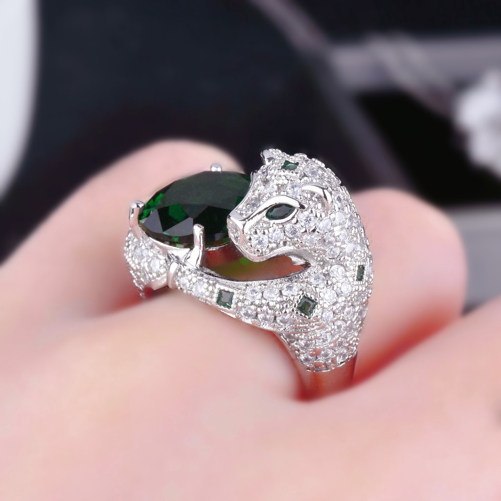 Goldkingdom Aksesoris Perhiasan Fashion Ready Stock Gauding Jewelry Royal Sapphire Emerald Full Bor Leopard Kepala Cincin Perempuan Yang Dapat Disesuaikan