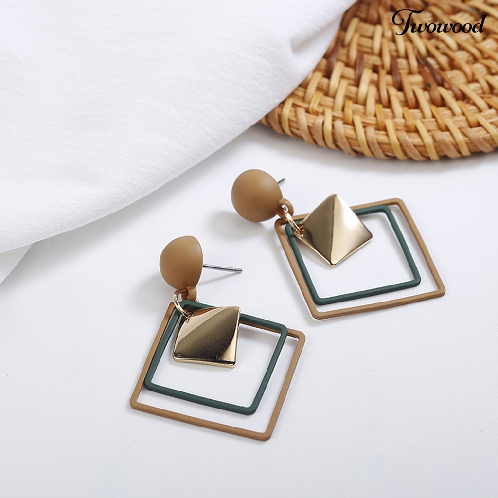 Twowood 1pasang Menjuntai Anting Geometris Matte Kepribadian Minimalis Berongga Double Belah Ketupat Wanita Stud Earrings Fashion Jewelry