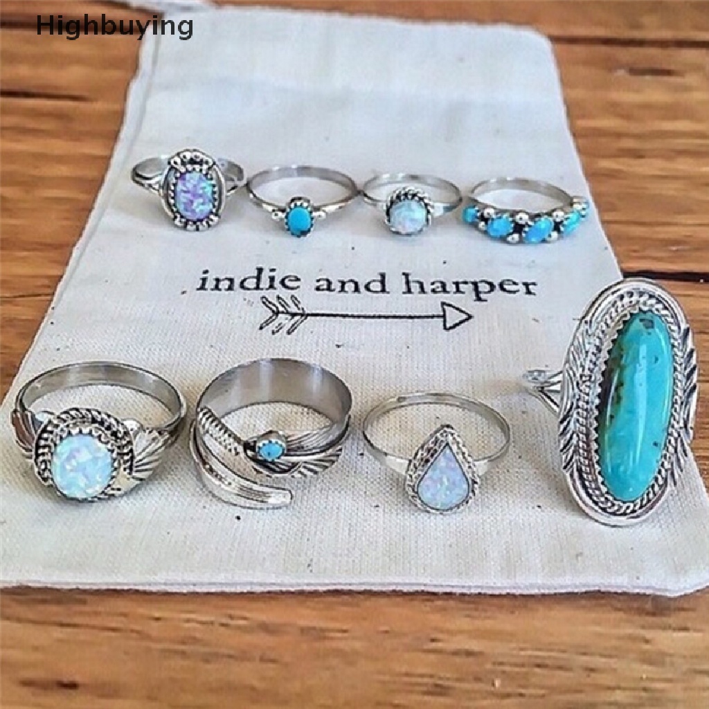 Hbid 8PCS/Set Bohemian Wanita Perak Turquoise Finger Rings Opal Cincin Hadiah Pernikahan Glory