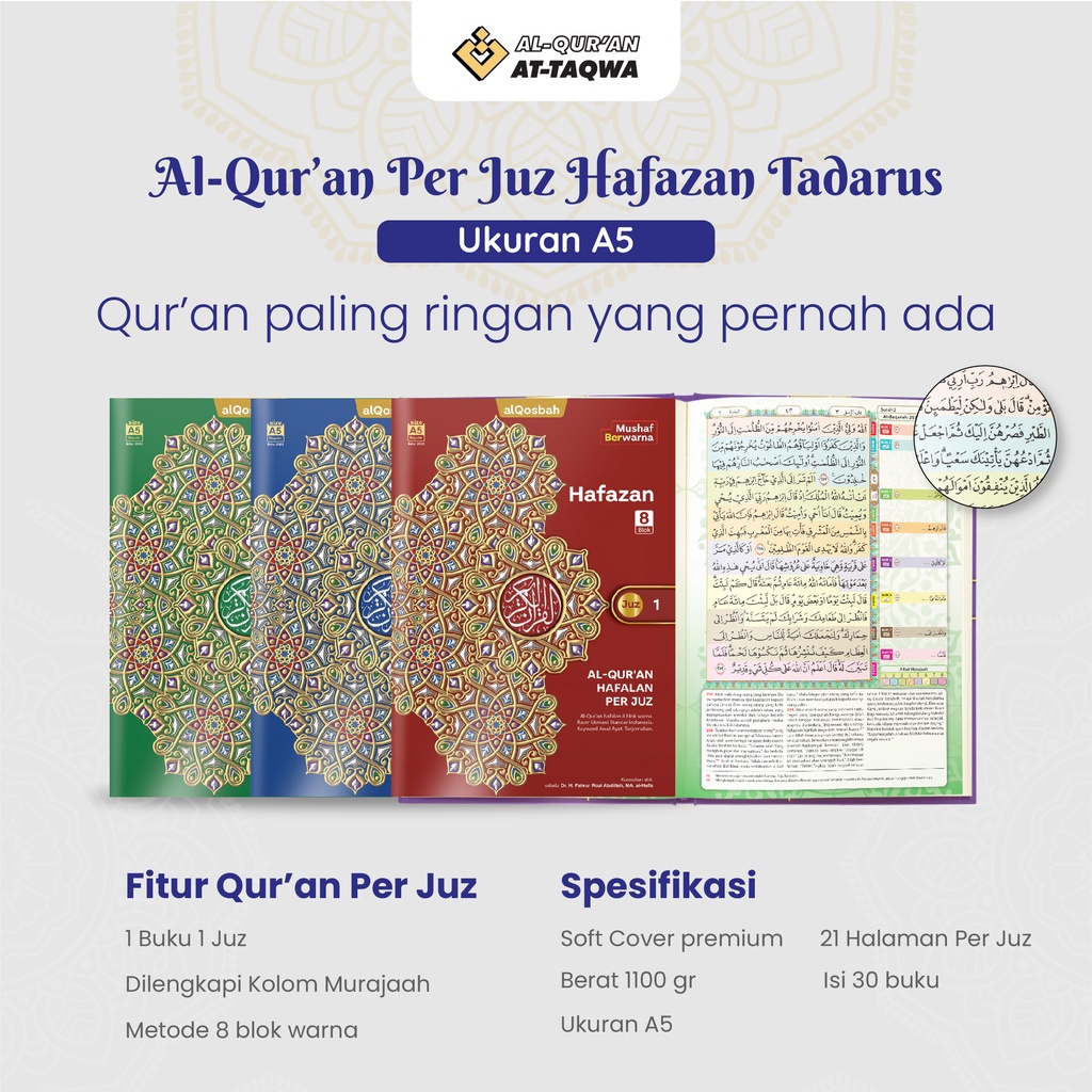 Al Quran Per Juz Hafazan 8 Blok | Ukuran Sedang A5 | NON-PERKATA LATIN | BONUS BUKU DZIKIR