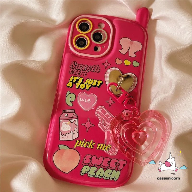 IPHONE Casing Bentuk Ponsel Ponsel Retro Personal Kompatibel Untuk Iphone11 14 13 12 Pro Max7 8 Plus XR X XS MAX SE Kartun Graffiti Stiker Soft Cover Dengan Hiasan Liontin Cinta Hati