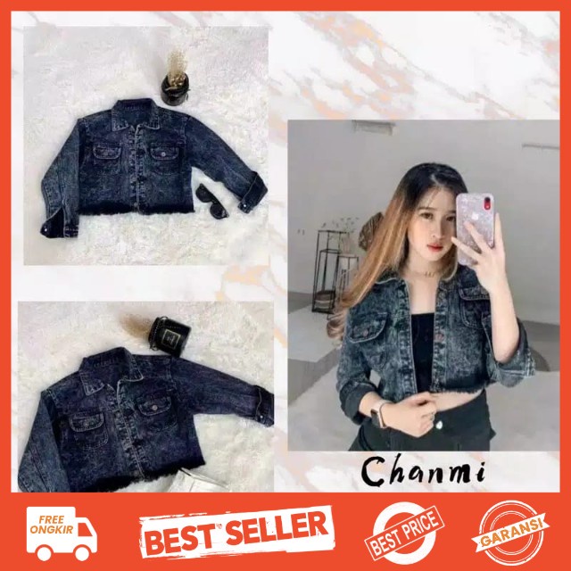 JAKET JEANS WANITA CHANMI CROP RAWIS SNOW BLACK DAN SNOW BLUE