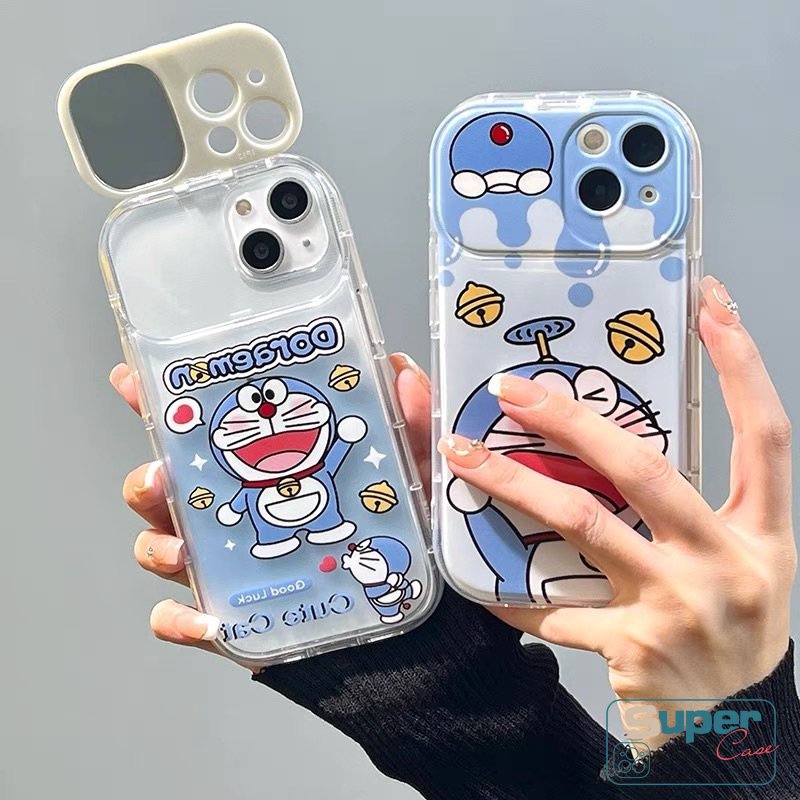 IPHONE Kucing Lucu Kartun Doraemon Kepribadian Flip Make Up Mirror Case Kompatibel Untuk Iphone11 13 14 12 Pro MAX XR 78 14 Plus XS X MAX SE 2020 Lembut TPU Shockproof Phone Cover Casing