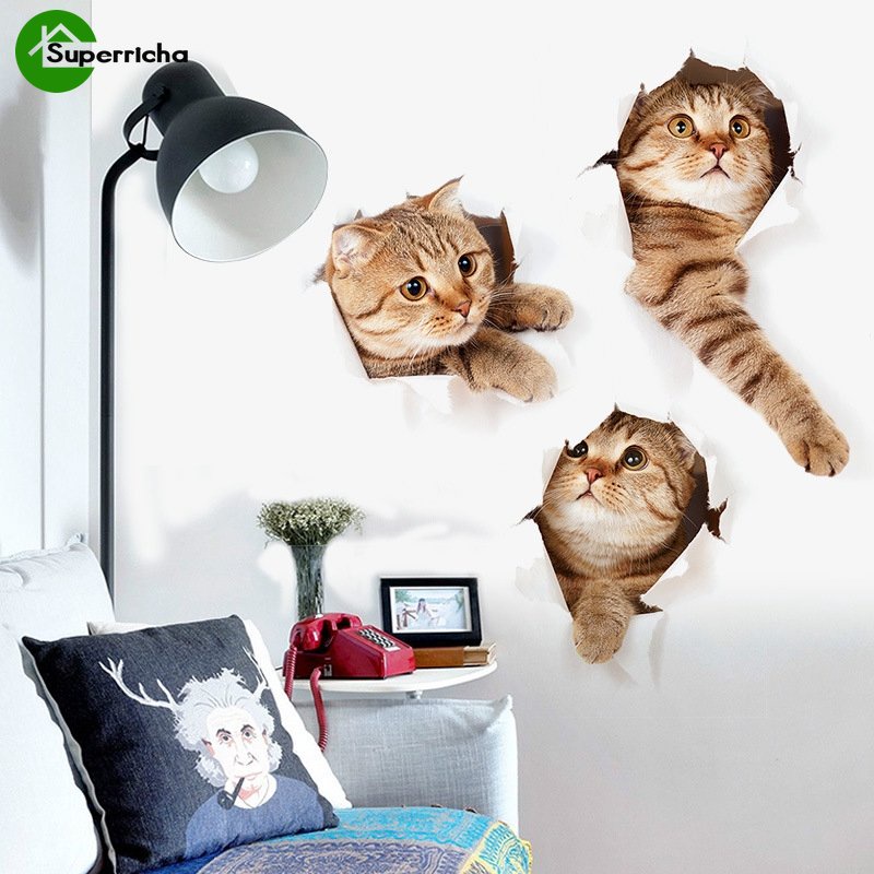 Hot Sale/Stiker Dinding Kucing 3D Kitten Lucu/3D Kitten Cat Sticker/Stiker Kamar Mandi/Rumah Kamar Tidur/Kucing Hidup Stiker Mobil/Wall Art Decor/Kulkas Decal Home Mural Art Decor