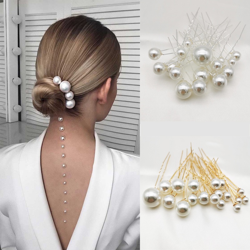 16pcs Jepit Rambut Mutiara Imitasi Elegan/Klip Logam Mutiara Berbentuk U Sederhana/Tiara Pengantin Aksesoris Styling Rambut Pernikahan