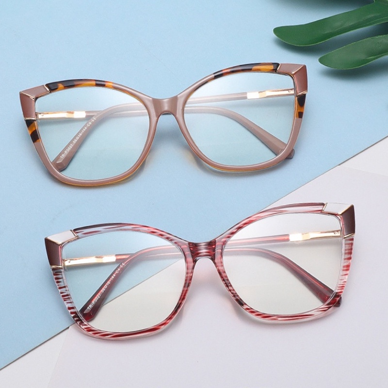 (YUZHU) Western Fashion Oversized Frame Cat Eye Eyeglasses Retro Fashion TR90 Anti-Blue Light Pattern Eyeglasses Untuk Wanita