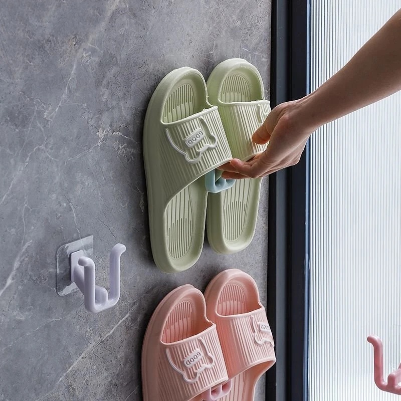 Rak Saluran Sandal Tempel Dinding Barang Hemat Tempat Finishing Rak Bantalan Kuat Organizer Alat Handuk Kalung Kunci Holder Dua Slot Sepatu Hook Gantung