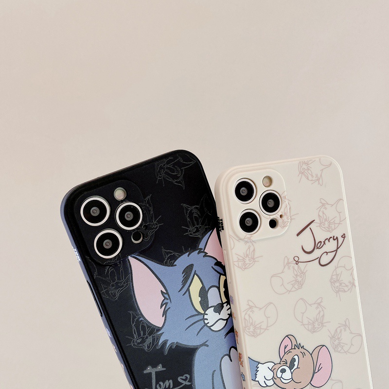 【Couple】Soft Case IP IPhone 7 8 Plus 7+ 8+ X XR XS Max 11 12 13 14 Pro Max SE 2020 Black Case Tom and Jerry casing hp iphone missconnie