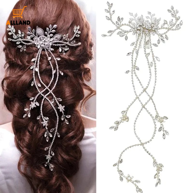 Ikat Rambut Kristal Bunga Elegan/Bridal Rantai Rumbai Panjang Berlian Imitasi Sisir Rambut/Wanita Pesta Perjamuan Braided Hiasan Kepala