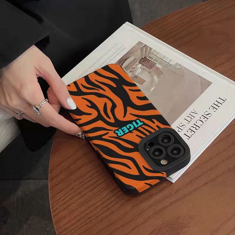 【Lamb Skin】Orange Tiger Pattern Soft Case for IPhone 6S 7 Plus 8 Plus X XS XR XS Max 11 13 12 14 PRO Max 14 Plus 12 13 Mini Camera Protect Women's Baolongwish Casing